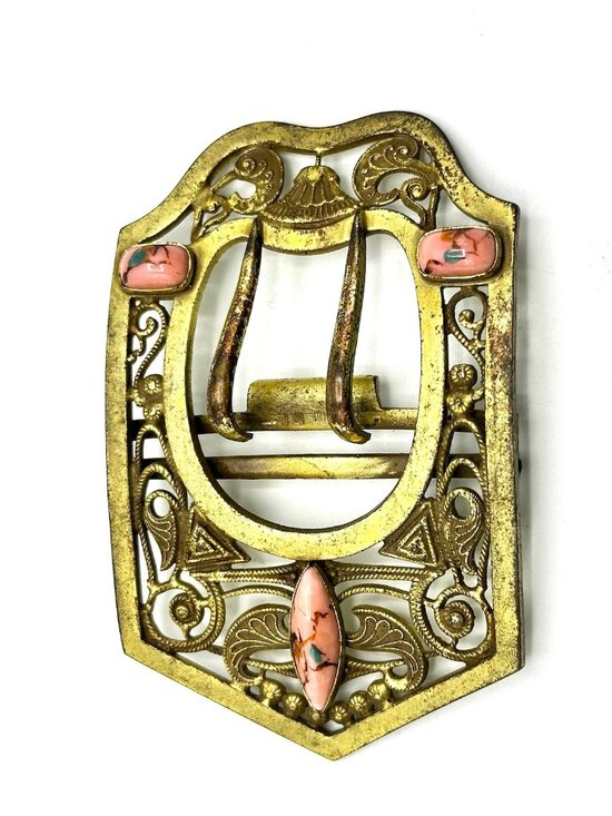 Art Nouveau Belt Buckle with Rhodonite Cabochons—Convert into Brooch or Pendant - Picture 2 of 11